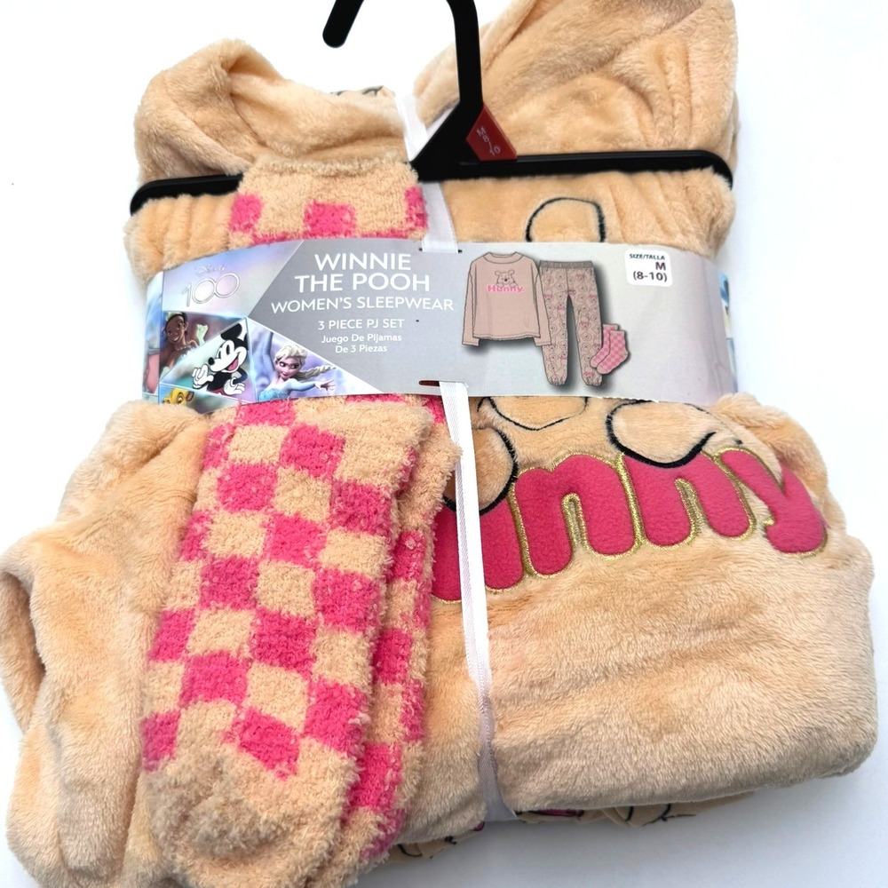 DISNEY Women's Medium Winnie the Pooh 3 Piece Pajama Set Long Sleeve Pants Socks - Picture 1 of 3